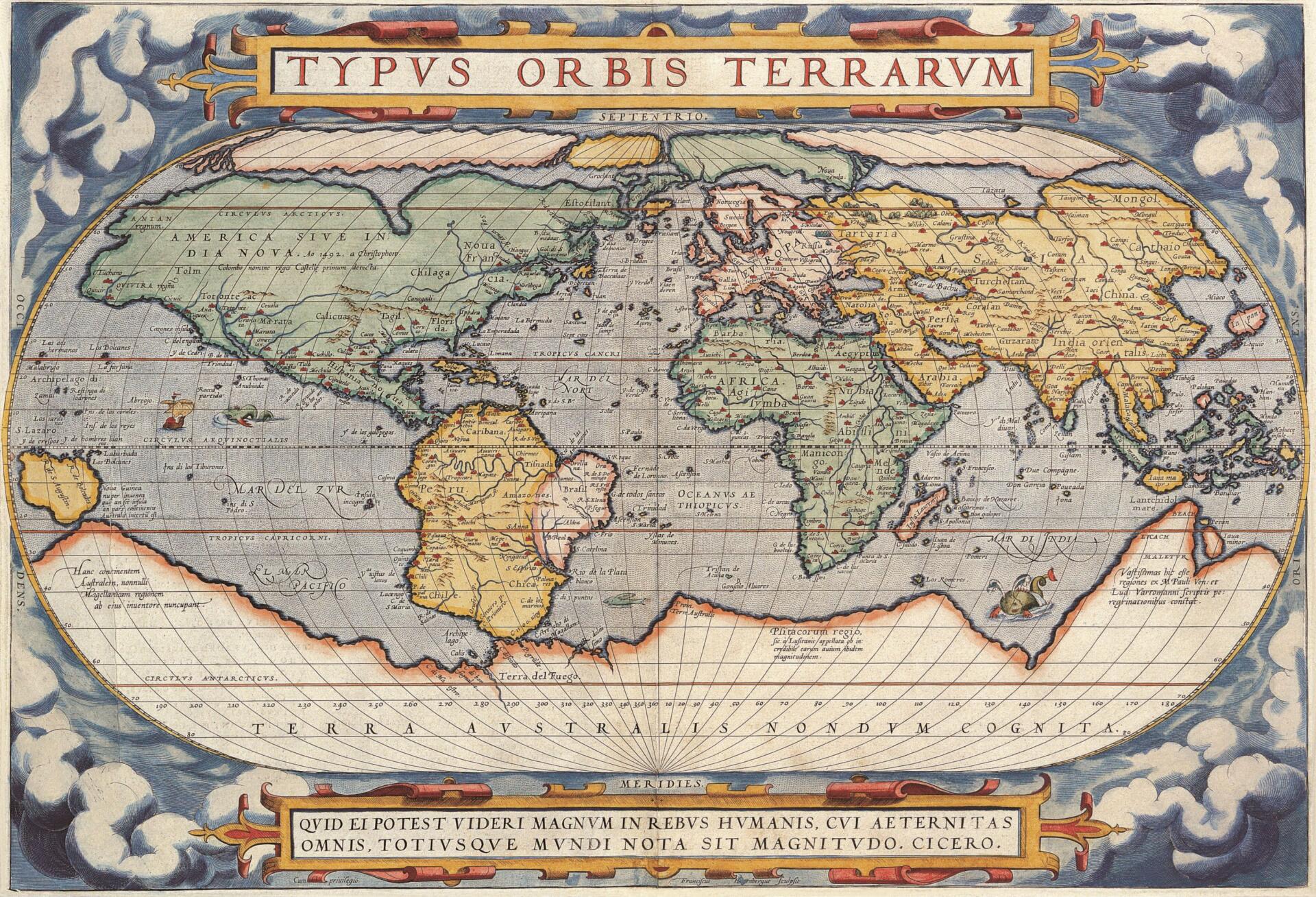 Карта Мира 16 века Ортелиуса