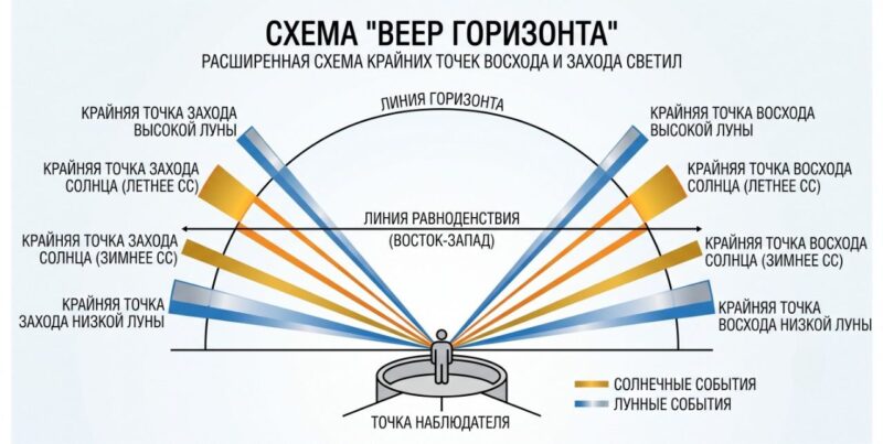 Крайние точки восхода Солнца и Луны на горизонте
