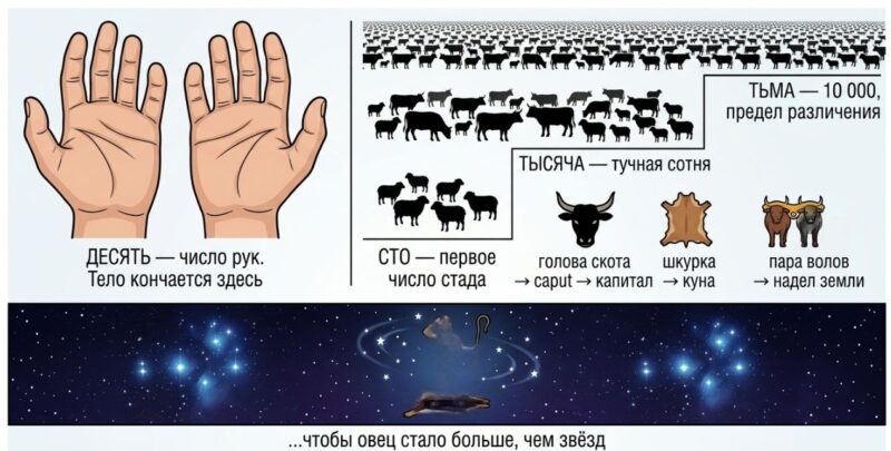 Происхождение чисел: десять от рук, сто и тысяча от стада